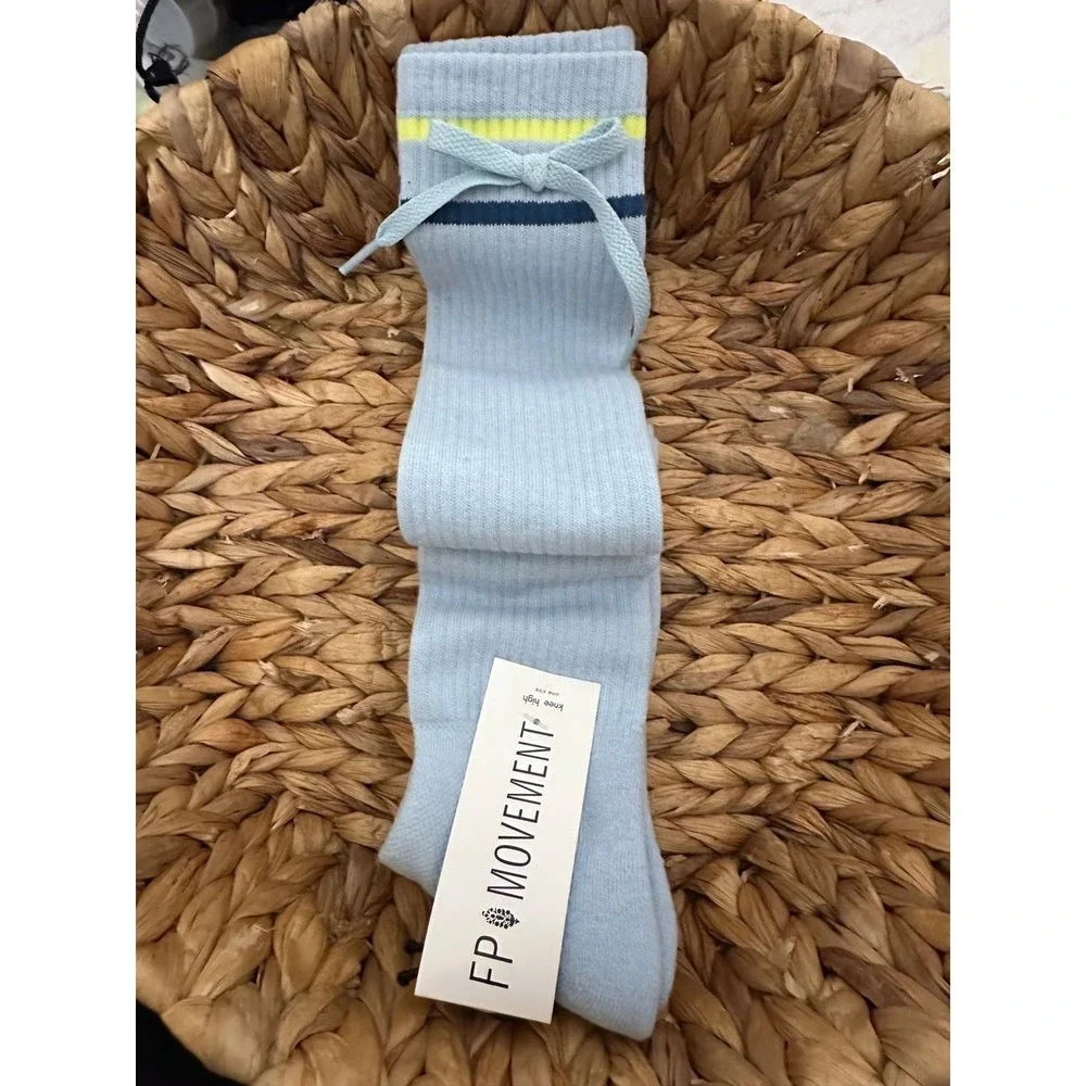 Free People FP Movement Slouchy‎ Knee High Socks Blue Bow Striped Athletic NWT